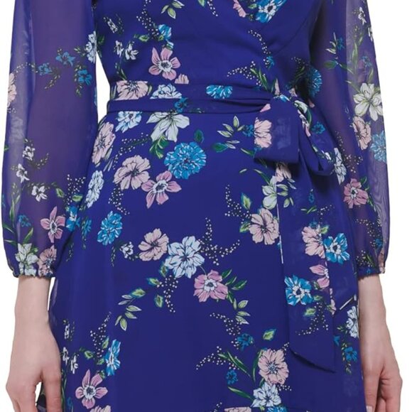 Dresses & Skirts - Women's Floral Chiffon Wrap Mini Dress Size 10 Petite Long Sleeves Elegant